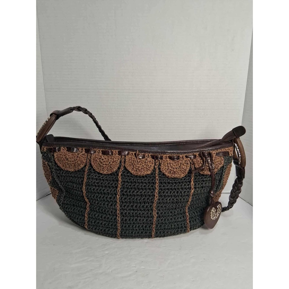 Brighton Hobo Purse Brown Tan Crochet Leather Heart Charm Shoulder Bag‎